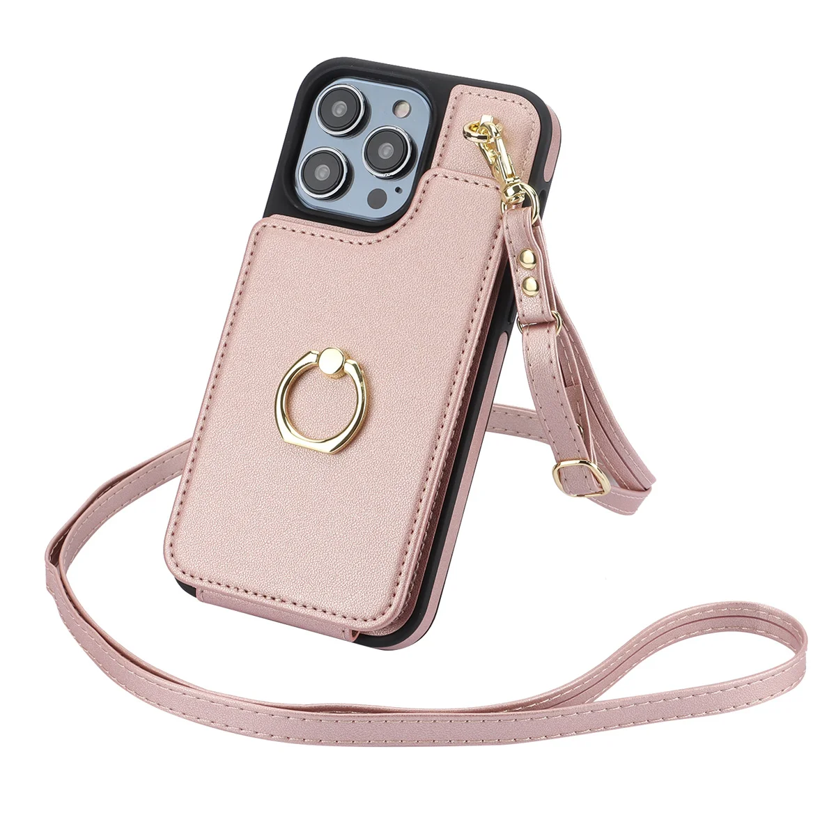 Luxury Organ Design Card Bag Leather Case for iPhone 15 Pro Max XR XS Max 11 12 13 Pro 14 Plus Metal Ring Holder Crossbody Case