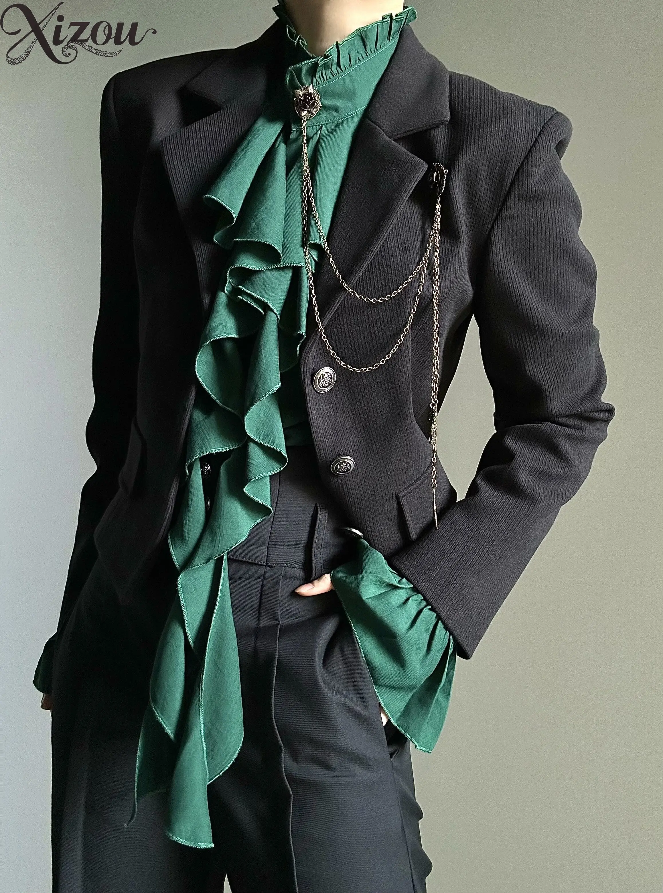 

Stand Collar Ruffles Men's Shirts Trim Puff Sleeve Blouse Slim Waist Vintage Long Sleeve Top French Lolita Gothic Victorian Y2K