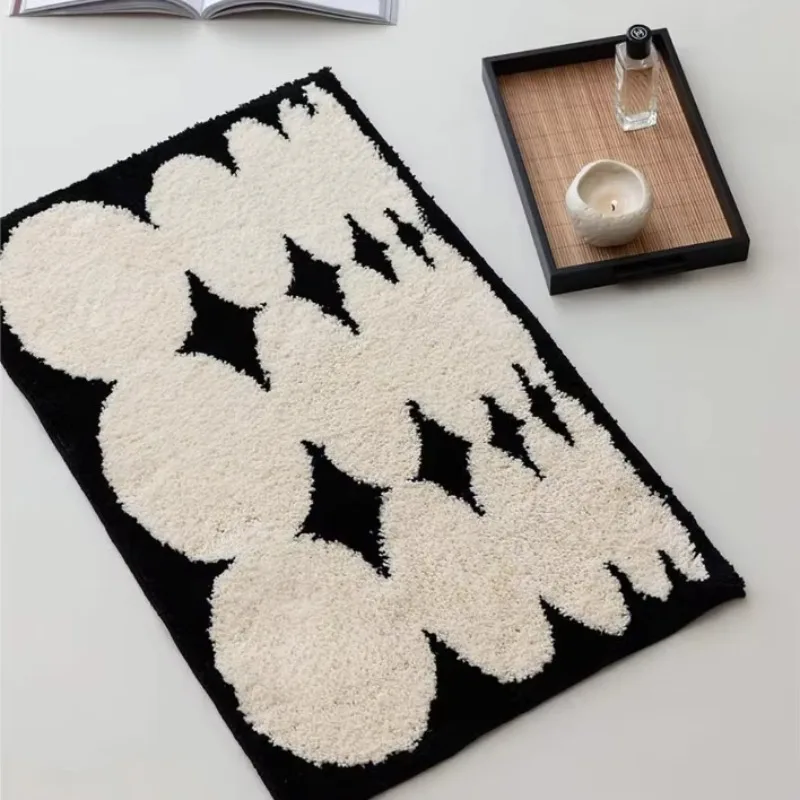 Alfombra de baño con mechones blancos y negros, alfombra suave para dormitorio, felpudo antideslizante para suelo, decoración es