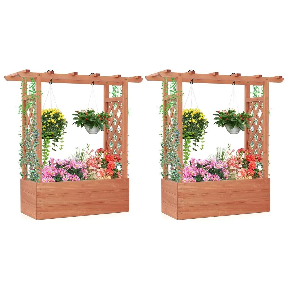 Set of 2 Raised Garden Bed with 2 Sided Trellis & Hanging Roof Fir Wood Planter Box w/Drainage Holes Freestanding