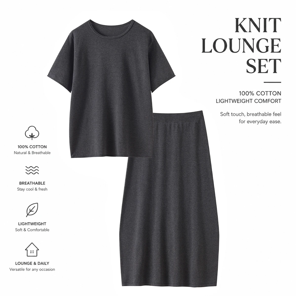 

Women 100% Cotton Knit Relaxed Short Sleeve Top and Midi Skirt Minimalist Matching Summer Set Travel Set Fine Gauge Lounge Set