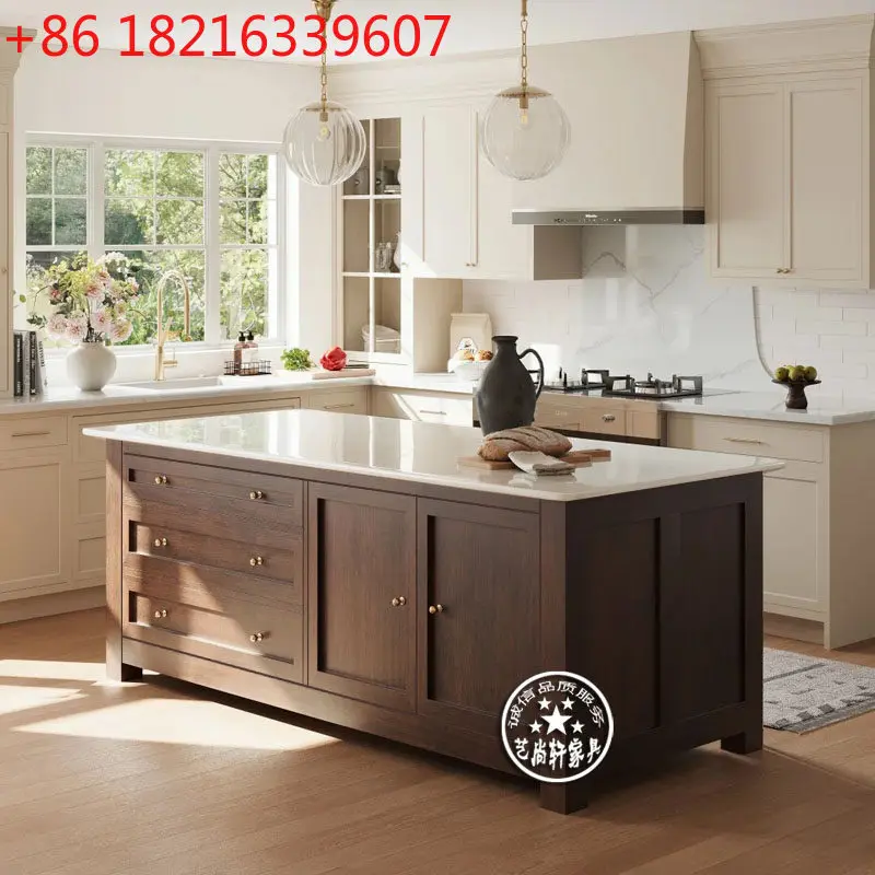 

Американский обеденный стол-остров из цельного дерева, интегрированная открытая кухня, средний остров, мраморная западная кухня