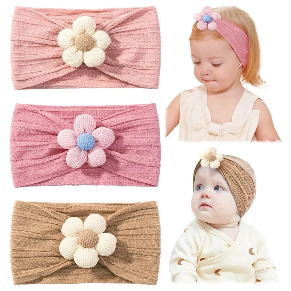 3-teiliges Set weiches Nylon-Stirnband für Neugeborene, Mädchen, Blumen-Stirnband, elastisches Haarband, Turban für Kleinkinder, Haar-Accessoires