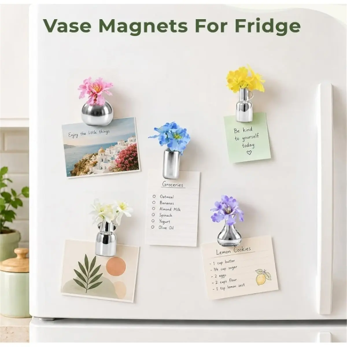 8Pcs Silver Ceramic Vase Magnets with Artificial Flowers, Embedded Strong Magnets for Secure Hold on Fridge, Lockers