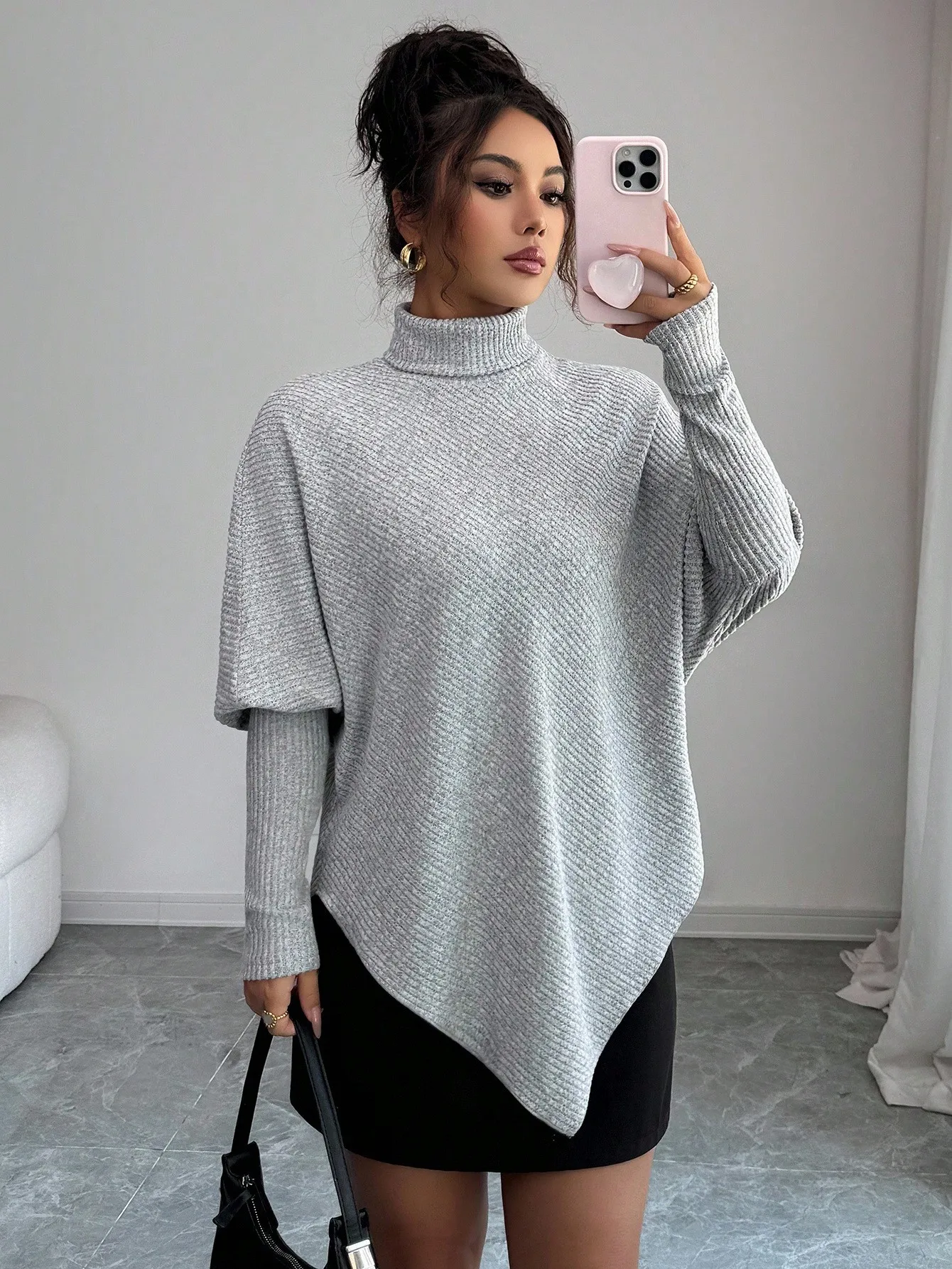 

Asymmetrical Ribbed Turtleneck Knit Top for Women, Fuzzy Long Sleeve Casual Sweater
