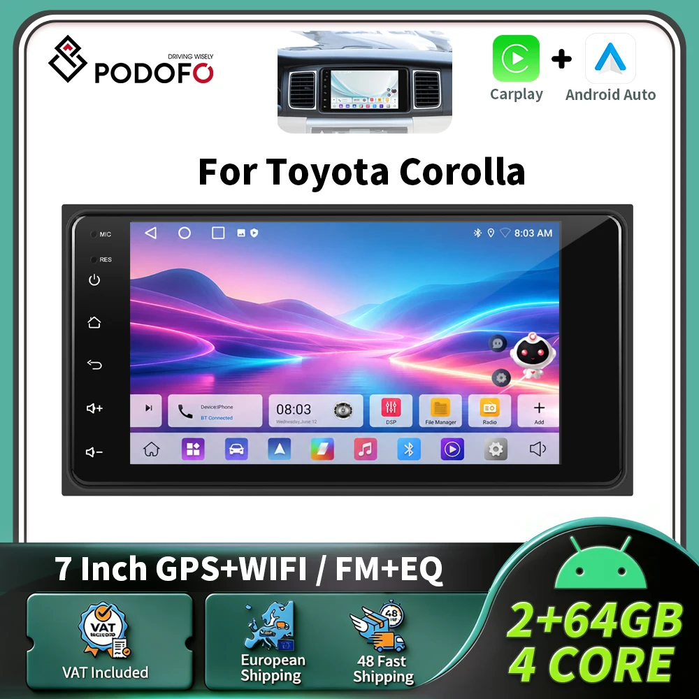 Podofo 7-Zoll-Carplay-Android-Autoradio für Toyota Corolla, intelligentes 2-DIN-GPS-Navigationssystem, RDS-Multimedia-Autoradio