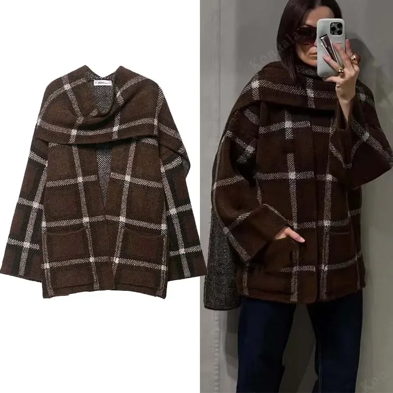 

Autumn Women Short Check Knit Cardigan with Scarf Drtail Simple Lady Pocket Warm Coats Chic Female Tops