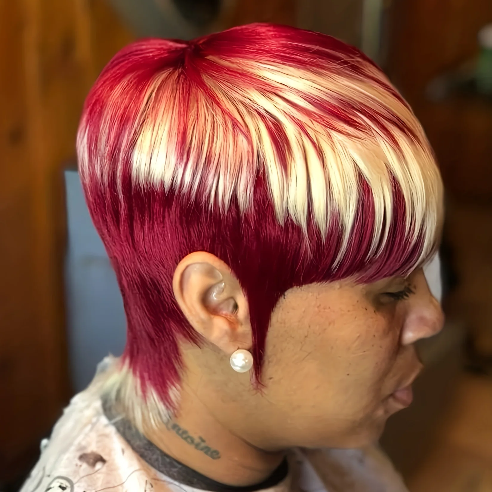 613オンブレ99J/レッドカラーピクシーカットストレート人毛ウィッグ女性用フルマシンメイドウィッグショートレイヤードストレートウィッグ（前髪付き）