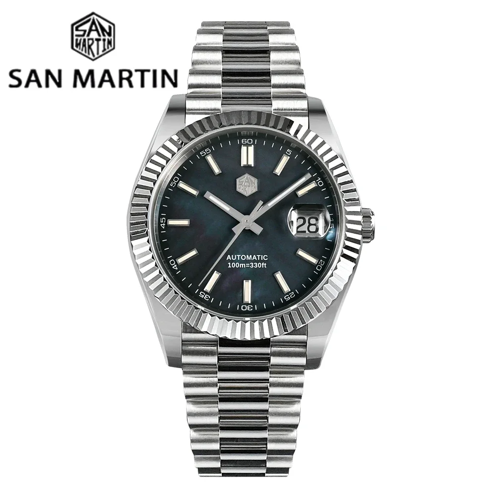 

San Martin Men Watch 40mm Vintage MOP Dial Retro Business Luxury Sapphire PT5000 Automatic Mechanical Carving Fluted Bezel 10Bar