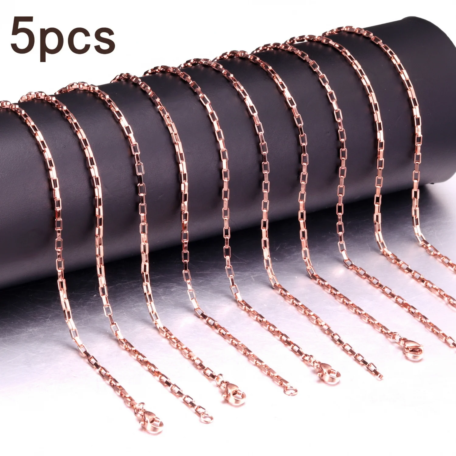 5pcs 2mm Rectangular Box Chain Stainless Steel Layering Necklace 45/50/55/60cm Plain Clavicle Chain for Daily Wear 4 Tones