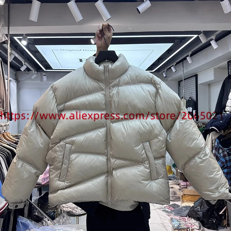 Jaqueta puffer de pão estilo funcional para homens e mulheres, parkas soltas com capuz, casacos de zíper diagonal