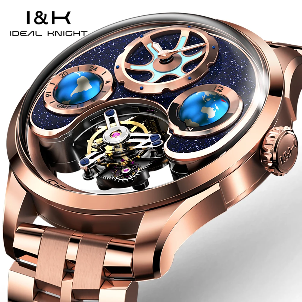 IDEAL KNIGHT 6805 Tourbillon Watch for Men Blue Earth Series Skeleton Automatic Men\'s Mechanical Watch Luminous Waterproof Watch