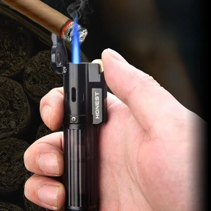 HONEST Metal Blue Flame Direct Flush Butane Gas Lighter Portable Outdoor Windproof Baking BBQ Cigar Lighter Men\'s Creative Gift