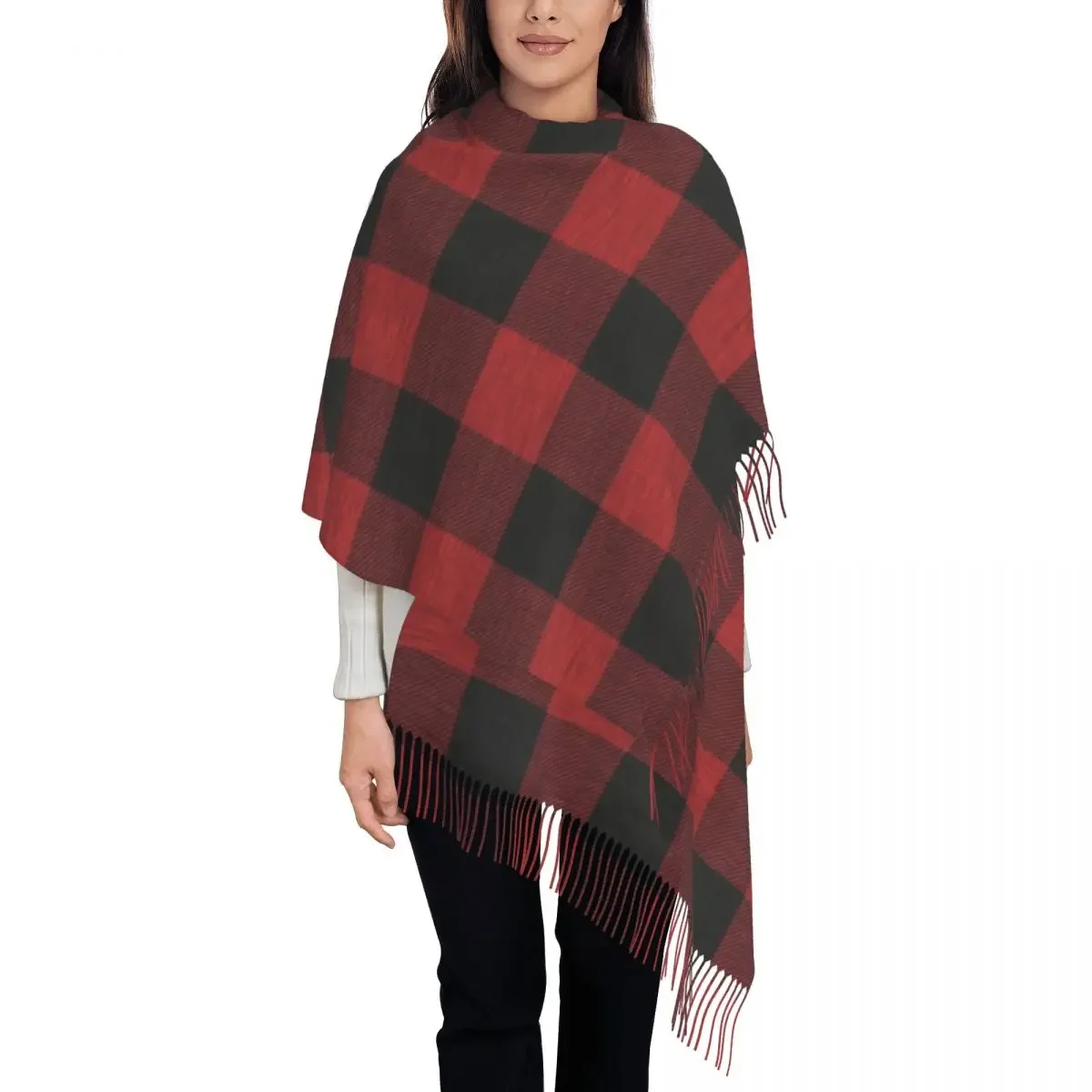 Stylish Red And Black Textured Buffalo Plaid Tassel Scarf Women Winter Warm Shawl Wrap Ladies Geometric Gingham Check Scarves