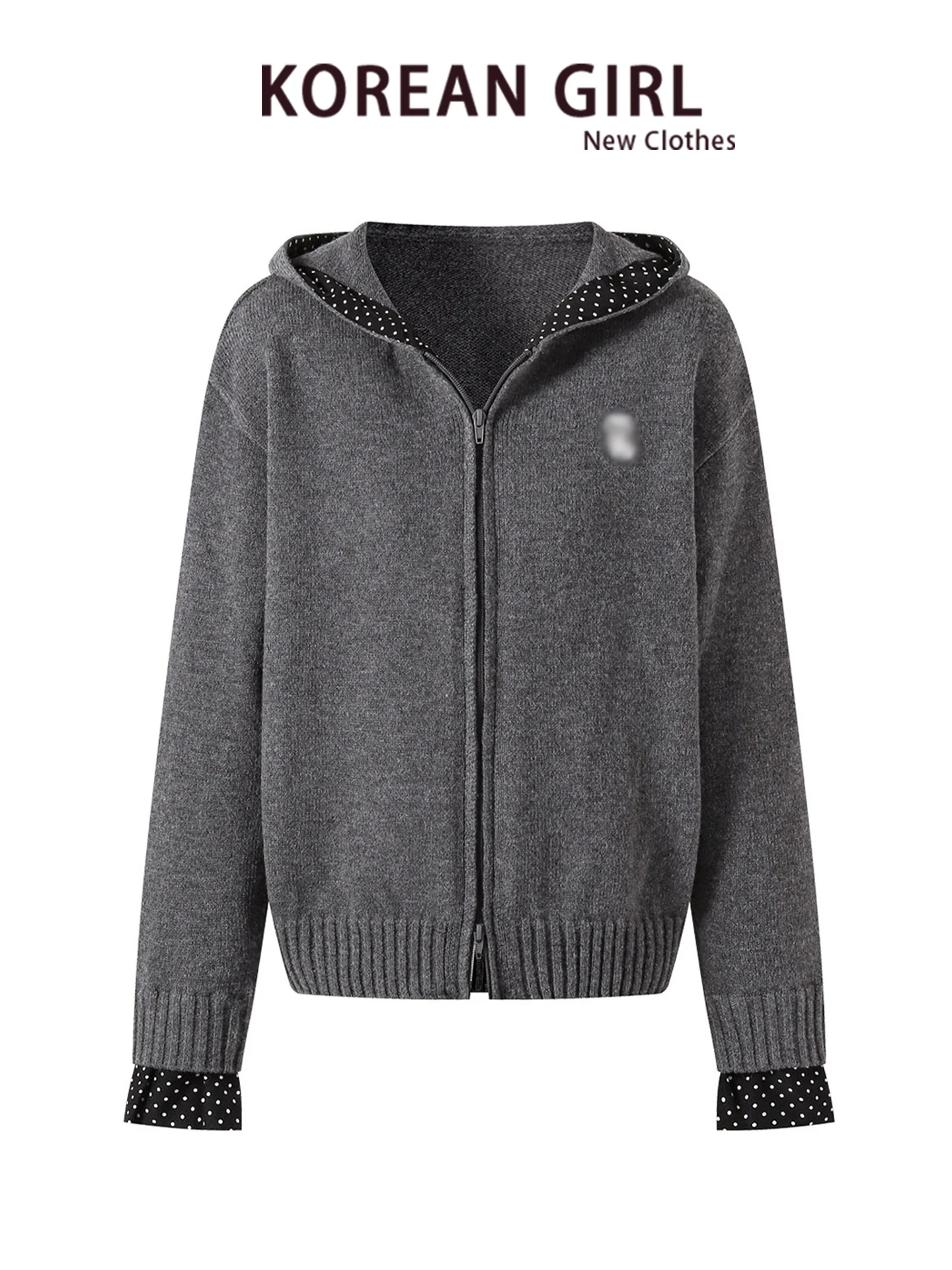 Ladies Grey Polka Dot Spotted Loose Knitted Hat Sweater Coat with Zipper for Autumn Winter Casual Street Style Commute Wind
