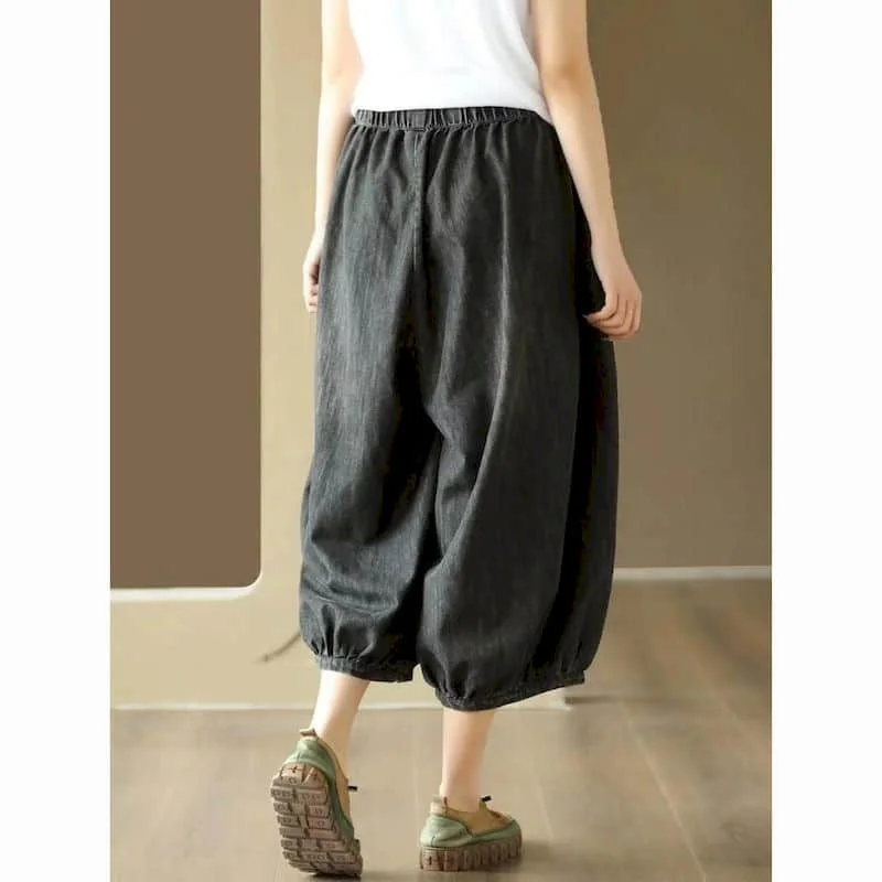 Baggy Jeans Women Oversized Casual Loose Lantern Calf Length Pants Vintage Artistic Elastic Waisted Streetwear Women Clothing