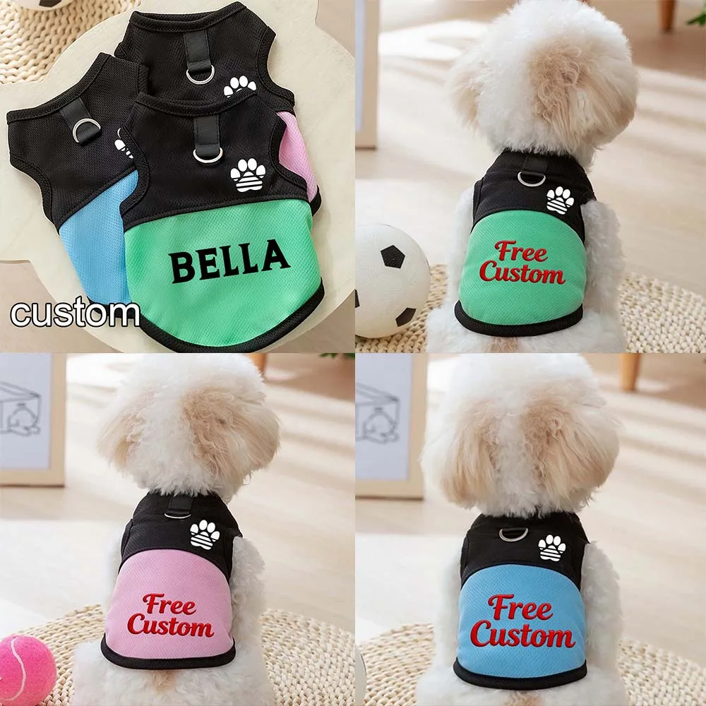 

Customizable Pet Clothes Personalized Pet Mesh Vest with Paw Print, Spring Summer Leash D-Ring for Dogs and Cats Pink Blue Green