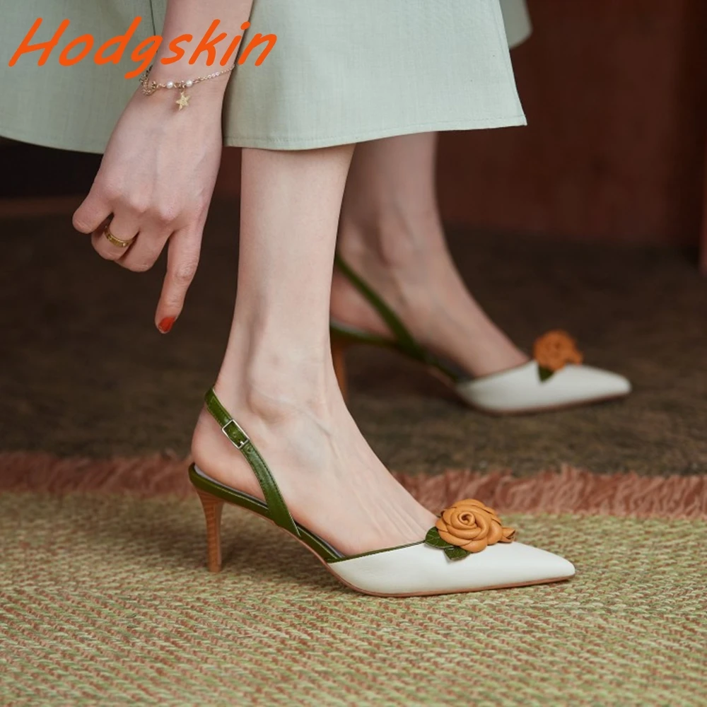 retro mixed colors women\'s pumps flower pointed toe slingback shallow slip on stiletto heels autumn spring party genuine leather