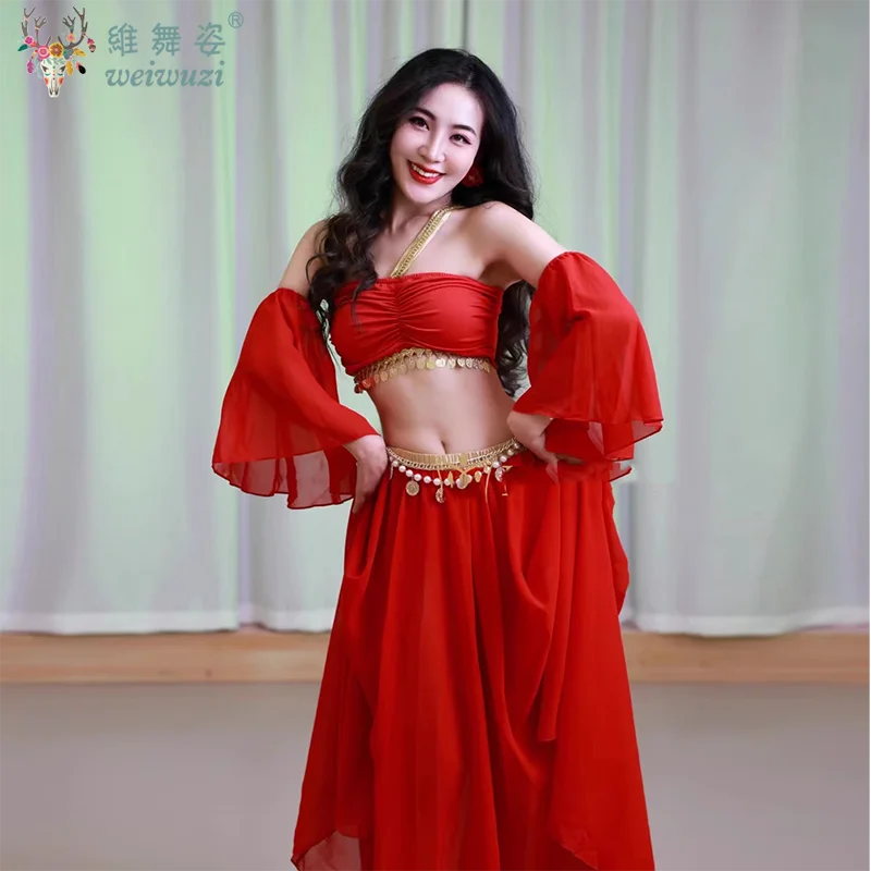 Conjunto de prática de dança do ventre para mulheres, top sem mangas + saia longa dividida sexy + mangas, trajes de performance de dança oriental para adultos