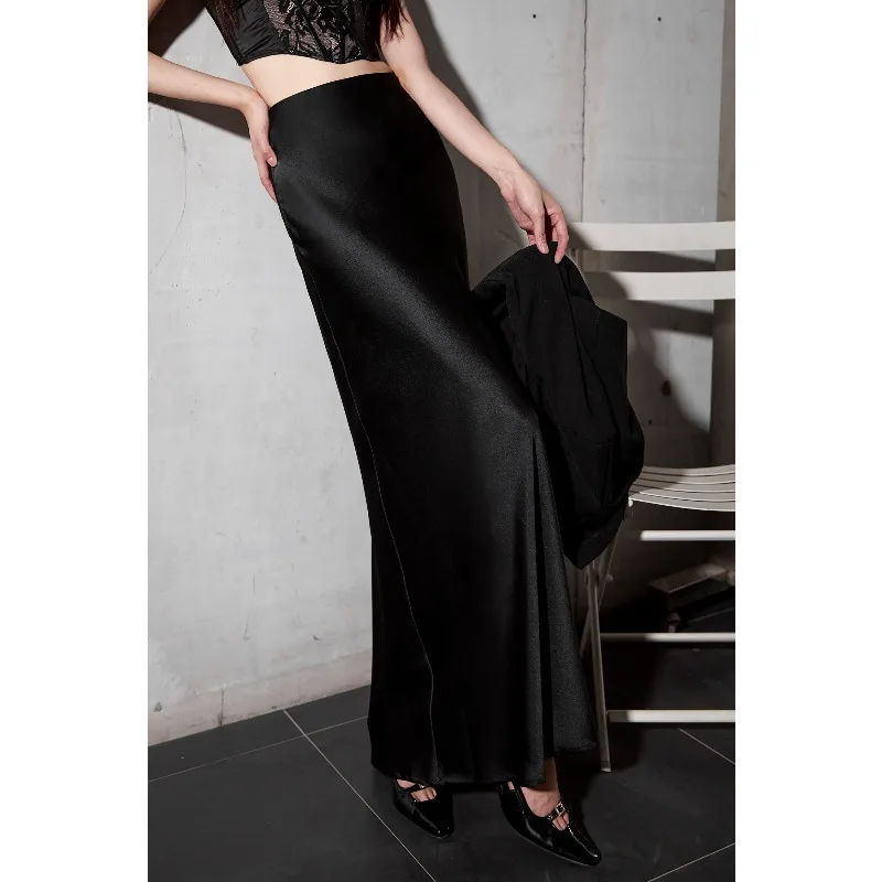 

Summer New Tall Acetate Satin Half length Skirt for Women with Light Sensation Double sided Satin Gilded Light Drop Tail Skirt