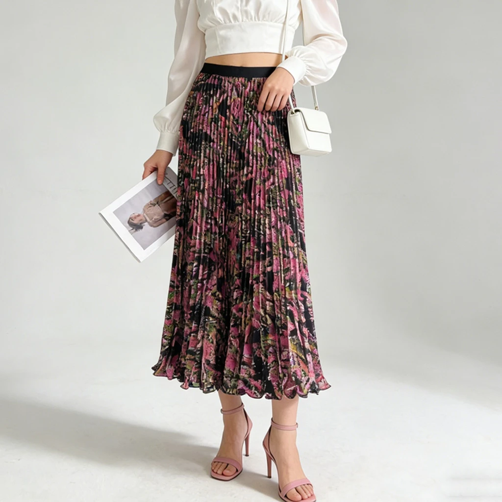 

Элегантная плиссированная длинная юбка для женщин, летняя, с цветочным принтом, модная, для работы, вечеринок, пляжа, макси, черная, красная