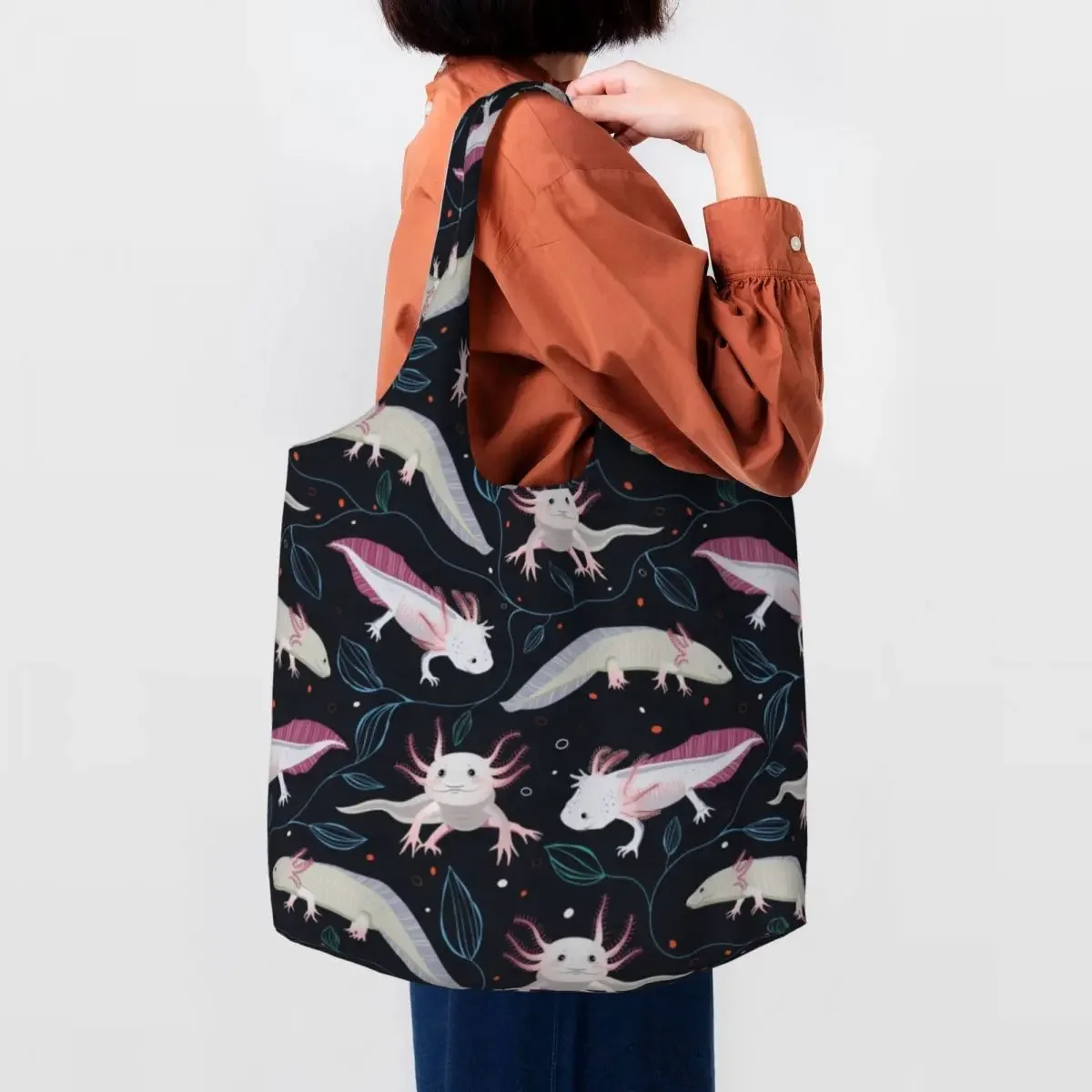 

Custom Exotic Salamander Animal Axolotls Canvas Shopping Bag Women Durable Large Capacity Groceries Shopper Tote Bags Handbags