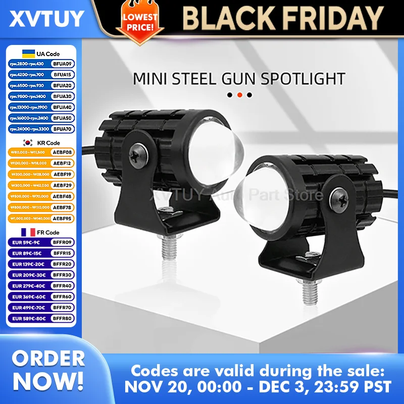 

Hot Motorcycle Spotlight Headlight LED Two-Color Small Steel Cannon High Low Beam Waterproof Super Bright 8-80V Wide Voltage