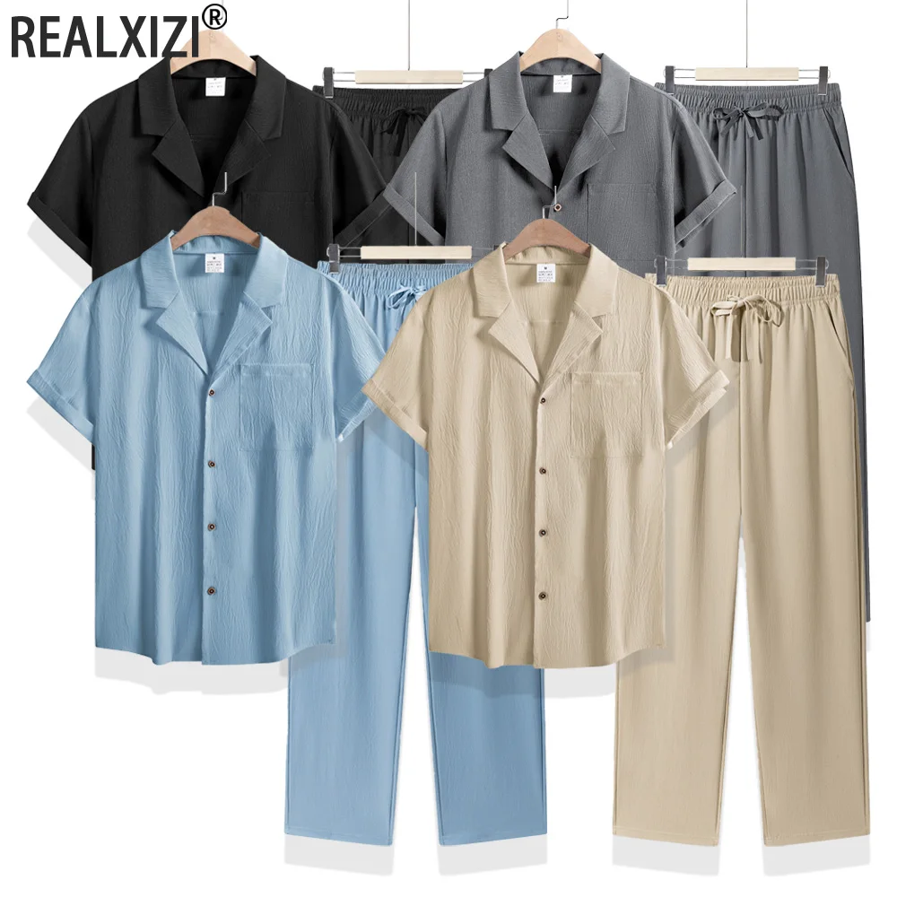 

Мужская пляжная льняная футболка с коротким рукавом и шортами, летняя повседневная рубашка-поло из ледяного шелка, брюки, комплект из 2 предметов, модный повседневный мужской костюм