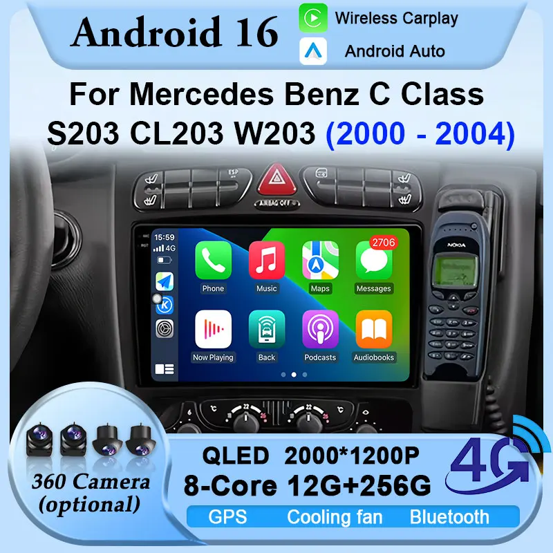 Wireless GPS Touch Screen Stereo Android 16 For Mercedes Benz C Class S203 CL203 W203 2000-2004 Car Radio Carplay Navigation 4G