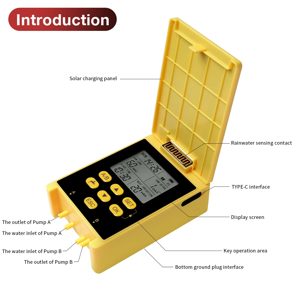 Solar Irrigation Timer Kit Rain Sensor Water Timer 5V 2A Dual Pump Flower Watering Device Drip Irrigation System for Garden Lawn