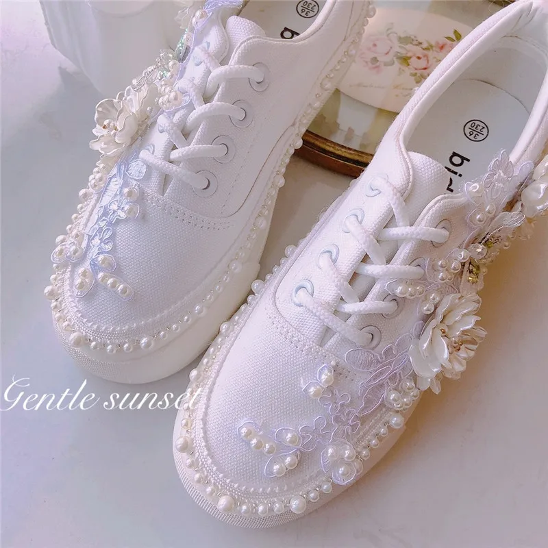 Fairy White Pearls Foral Canvas Shoes Bride Wedding Flats Rhinestones Platform Sneakers Spring Sweet Ladies Casual Tennis Shoes