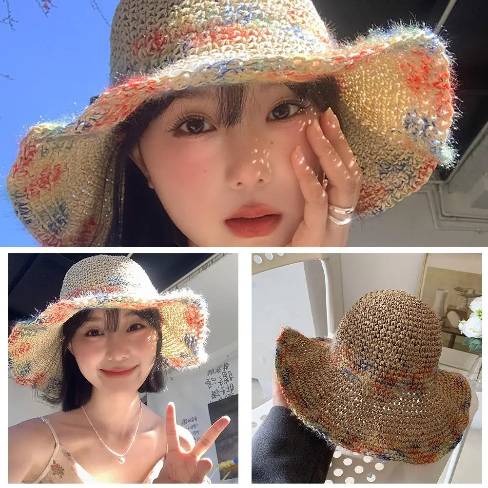 

1pc Sun visor hat women's collapsible handmade straw hat colorful flying saucer hat for sun protection summer breathability hat