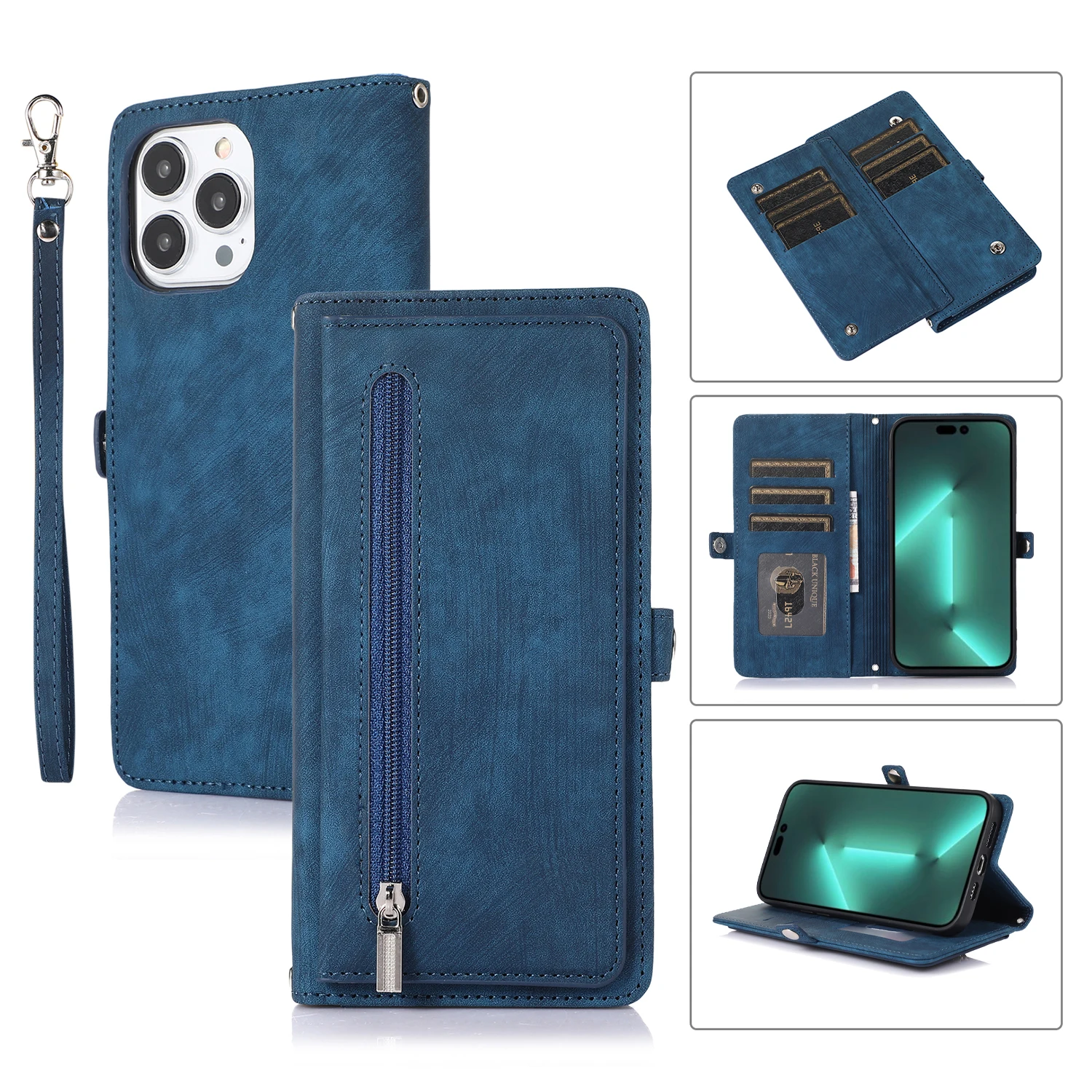 Zipper Wallet  Lanyard Phone Case For iPhone 11 12 13 14 Pro Max Mini  Plus Xr Xs X  With 9 Cards Slot Flip Leather Cover