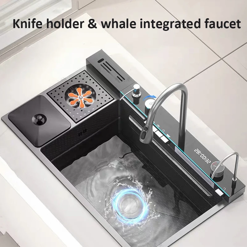 

spülbecken küchen new design High-end kitchen sink Knife holder with integrated whale-shaped faucet storage trash can 82*48cm