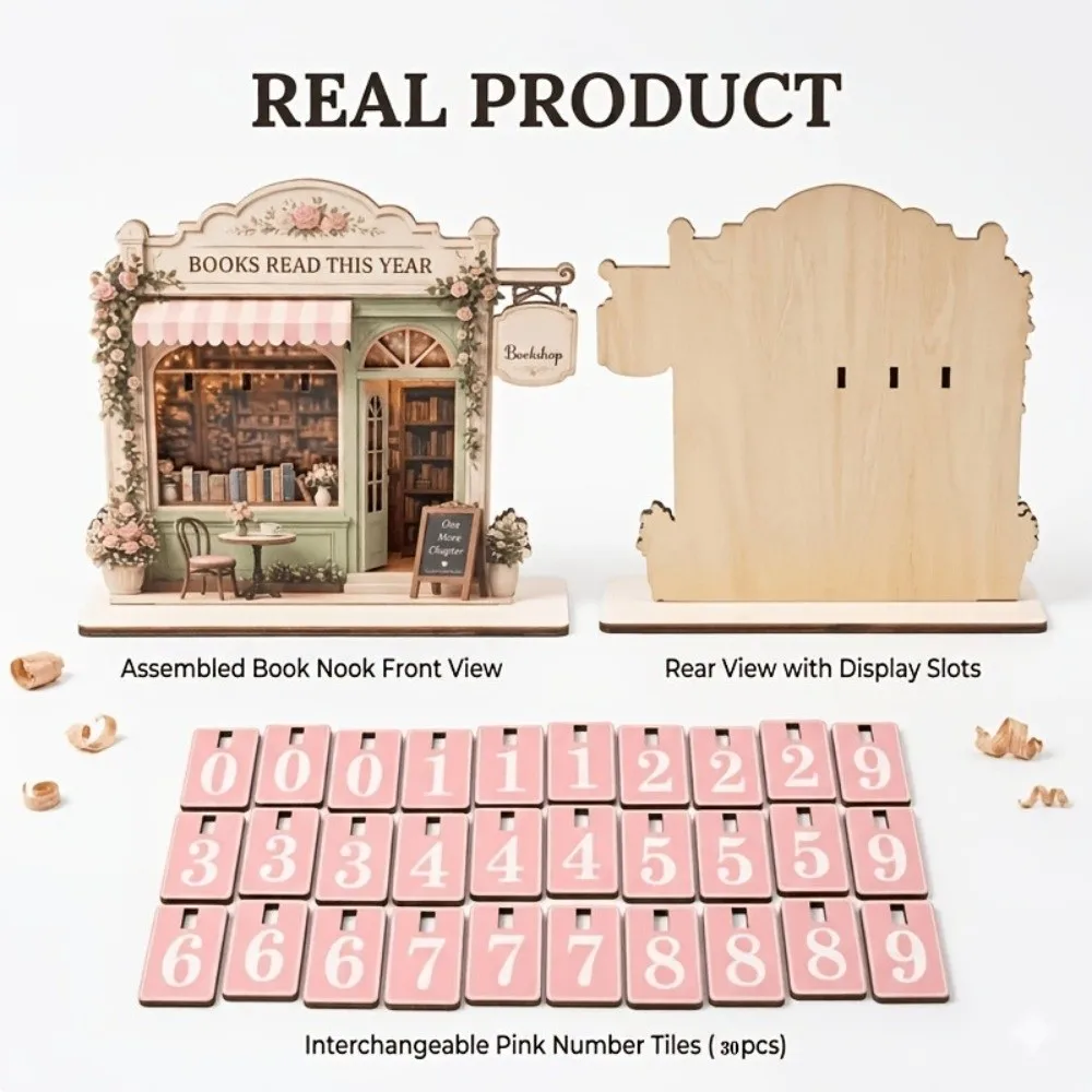 2D Flat Wooden Reading Tracker Book Calendar Vintage Reading Challenge Tracker Fairy House Flip Tile Counter Book Tracker Sign
