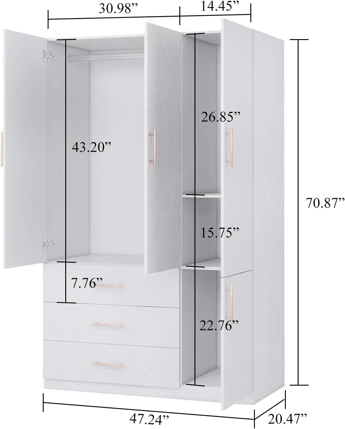 3 wardrobes, wooden bedroom handrails with hangers, three doors and drawers, 47.24 inches x 20.47 inches x 70.87 inches.