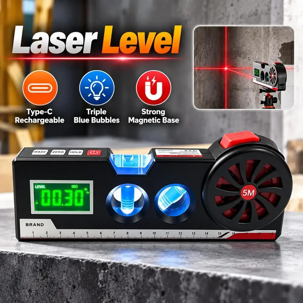 New 4 in 1 Laser Level Digital Angle Gauge with 5M Tape Measure Red Cross Line Laser Rechargeable Magnetic Level Meter DIY Tool