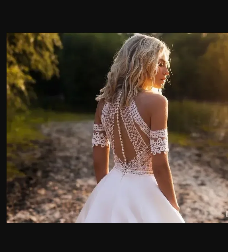 Vestidos De novia bohemios De jardín occidental, vestidos De novia De satén con encaje y cuello joya, vestido De novia con botones en la espalda, bata De playa De talla grande