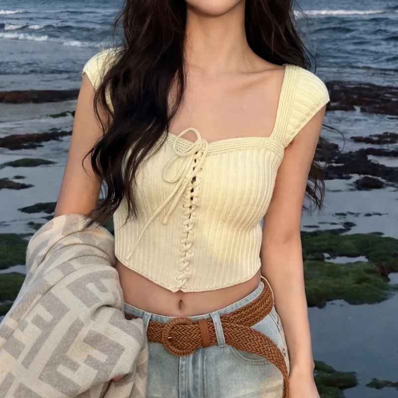Sweetheart Neck Lace Up Knit Top Sleeveless Rib-knit Tanks Camis for Women Shoujo Girl Coquette Y2K Outfit