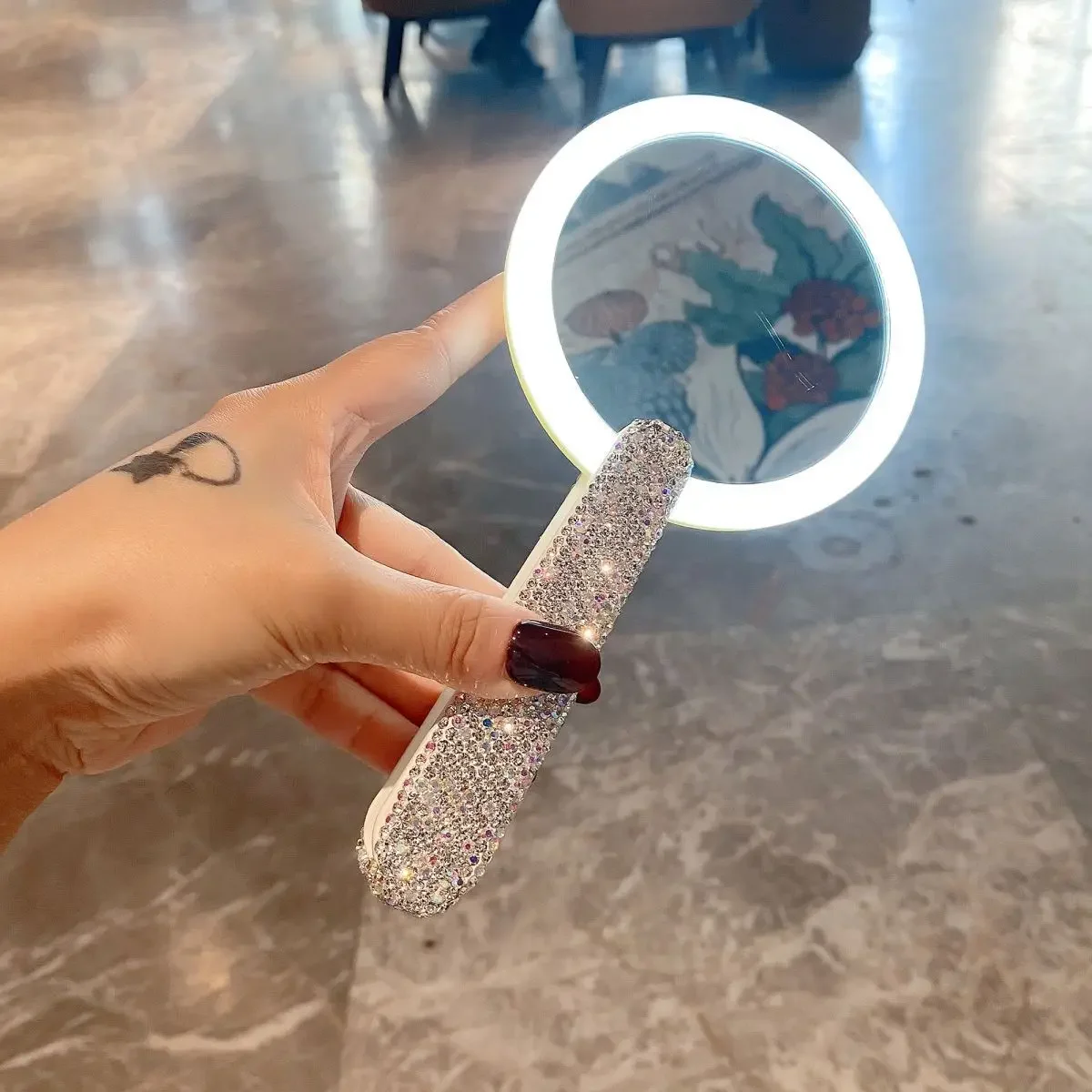 Rotatable Makeup Mirror Sparkling Diamond Handheld Portable Beauty Cosmetic Mirror Rechargeable Mirror Skin Care Tool Bling Gift