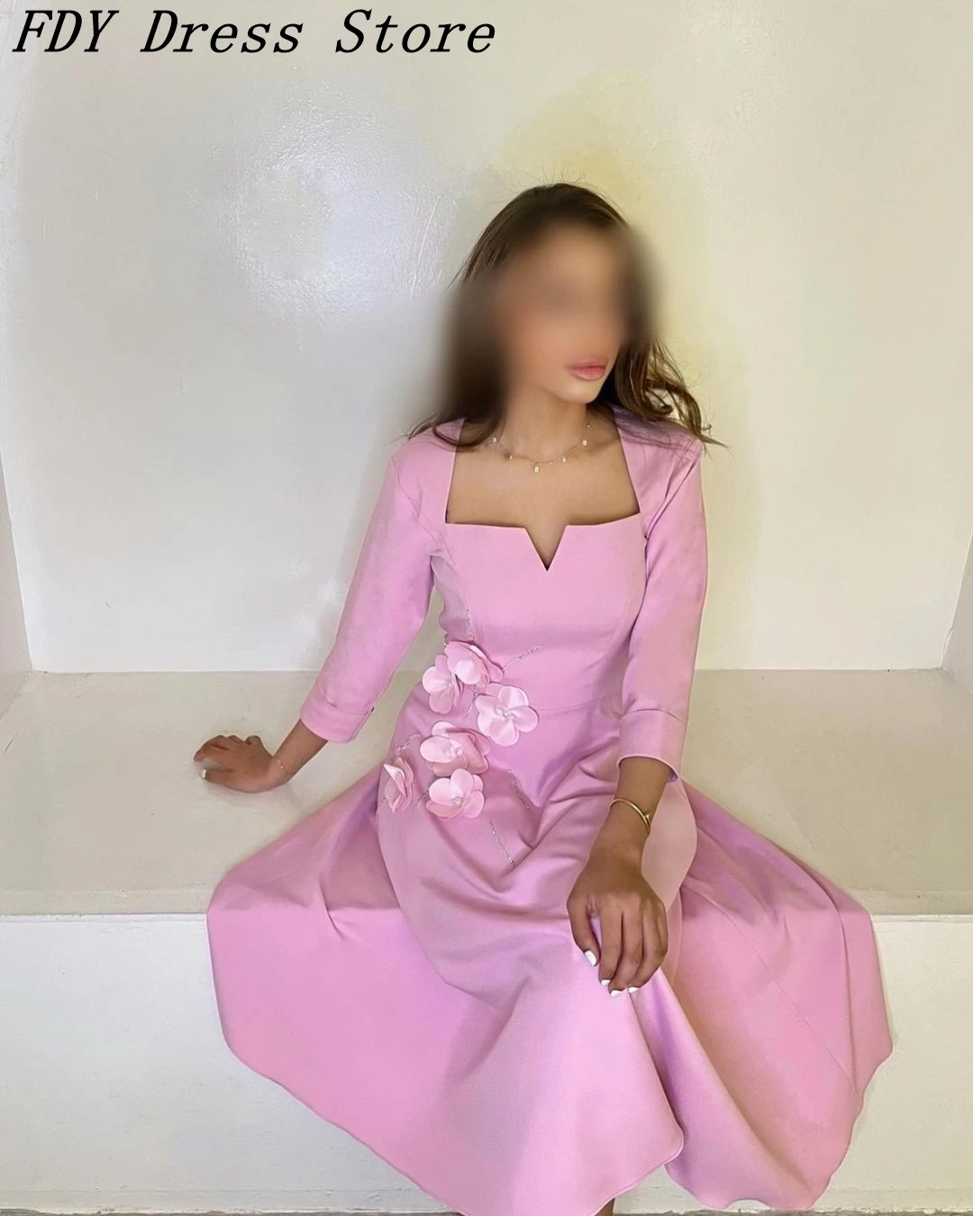 

Customized Long Sleeves Evening Dresses Square Neck Pleated Beadings Flowers Prom Dresses Ankle Length Formal Party Dresses