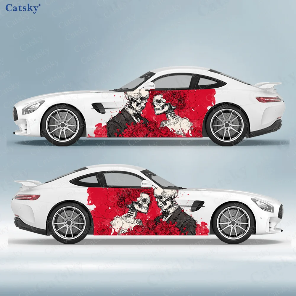 

Пара черепов, красная роза, боковая наклейка для автомобиля, водонепроницаемая наклейка из ПВХ, устойчивая к царапинам, защита автомобиля, автоаксессуары в подарок
