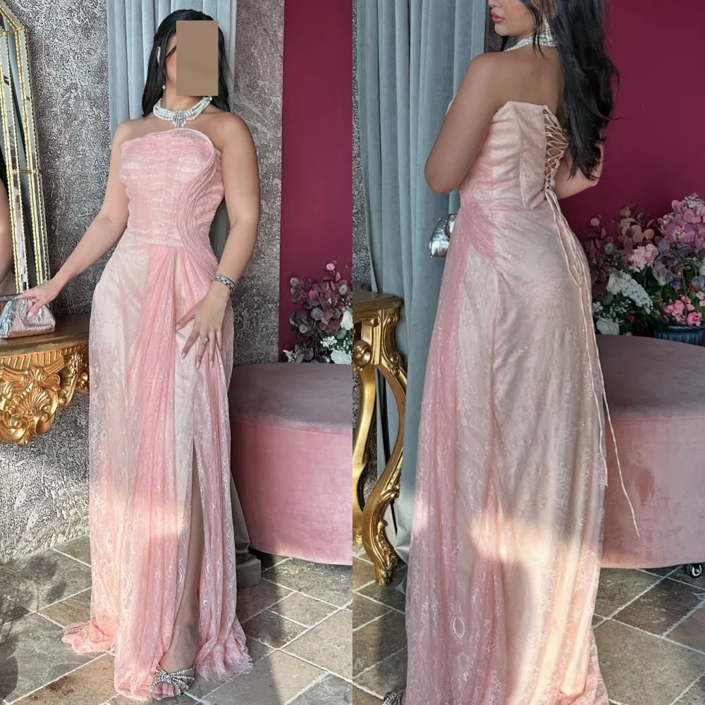 

Customized Classic Retro Jersey Lace Pleat Ruched Straight Strapless Long Dresses Bespoke Occasion Dresses Sizes Available
