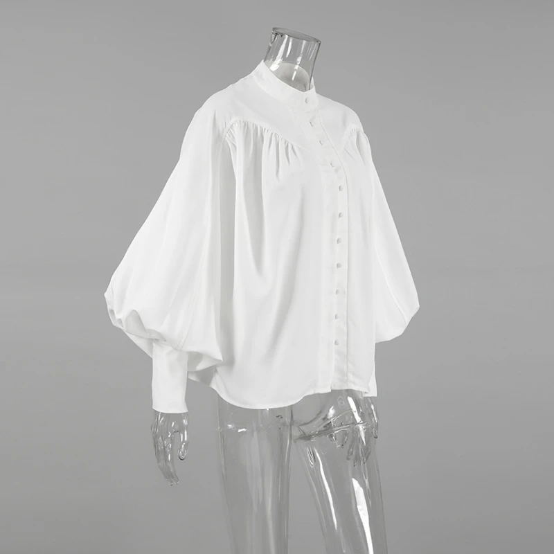 Stand Neck Women Lantern Sleeve White Blouses 2025 Blusas Mujer De Moda Vintage Loose Pleated Blouse Korean Single Breasted Tops