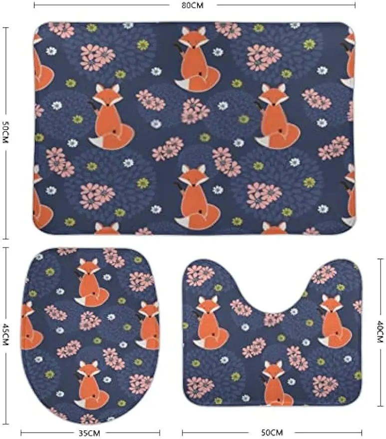 3 Pieces Bath Mats Set,Set of 3,Include Bath Rug +Contour Mat+Lid Cover for Bathroom Decor(Cute Foxes Flowers)