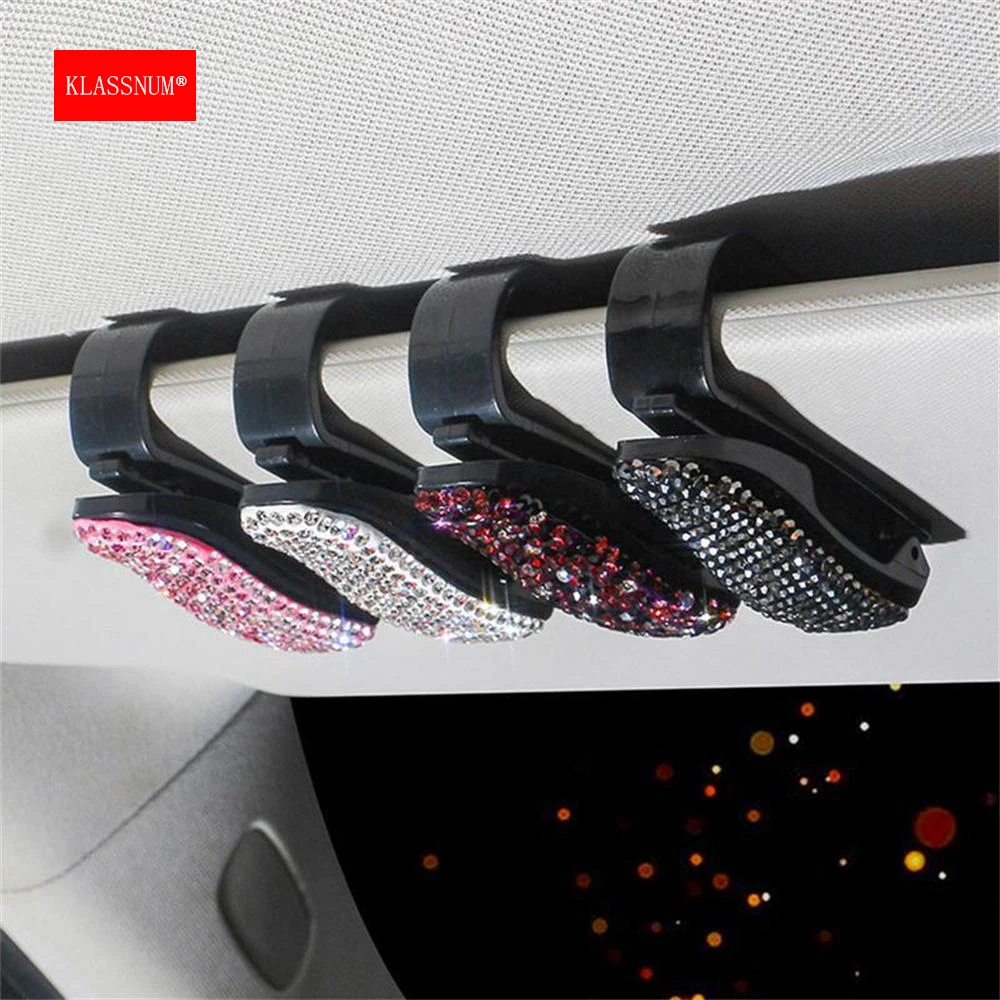 KLASSNUM Women Luxury Sun Visor Mount Sunglasses Clip Holder Rhinestone Bracket Crystal Glssses Clip Car Decoration Universal