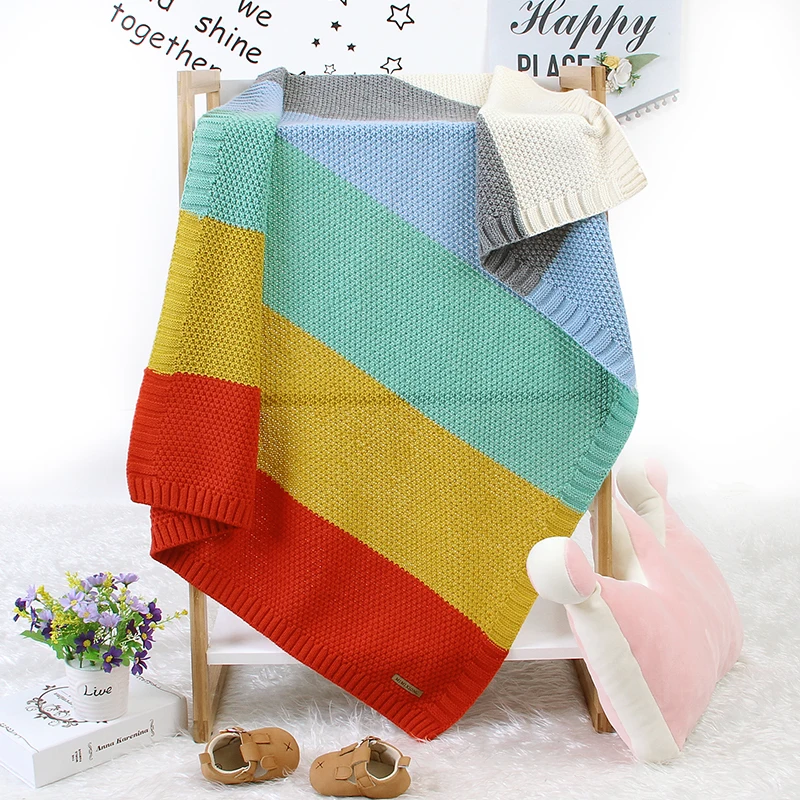 Newborn Baby Blanket Fashion Rainbow Striped 100*80CM Knit Plaid Girl Boy Stroller Swaddle Soft Sleep Sack Infant Bed Crib Quilt