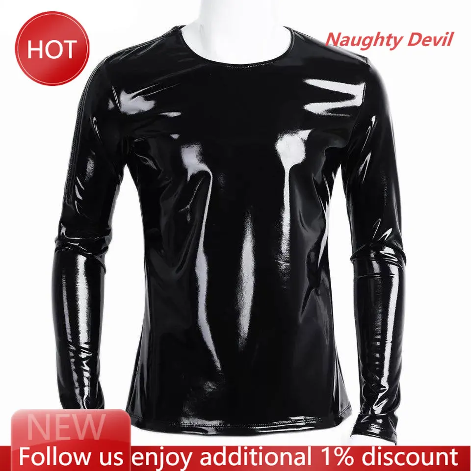 

Mens Sexy Glossy PVC Leather Long Sleeve Shirt Erotic Shaping Latex Casual Coat Male Shiny Metallic Patent Leather for man