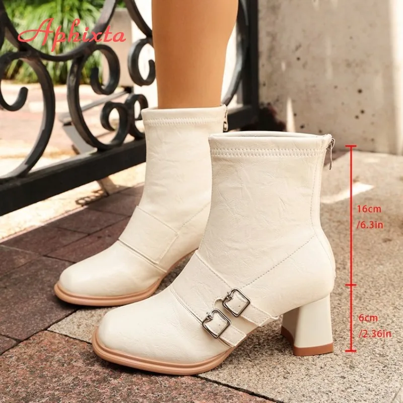 Women Square Toe Ankle Boots Double Buckle Strap Mid Heel Side Zipper PU Leather Ladies Motorcycle Rider Boots Zapatos Mujer