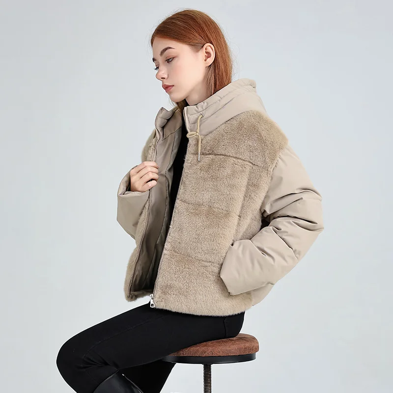 

2025 Women's Winter Imitation Lamb Hair Spliced Parkas Down Cotton-padded Jackets High-waist Short Coats Hooded Warm Outerwear